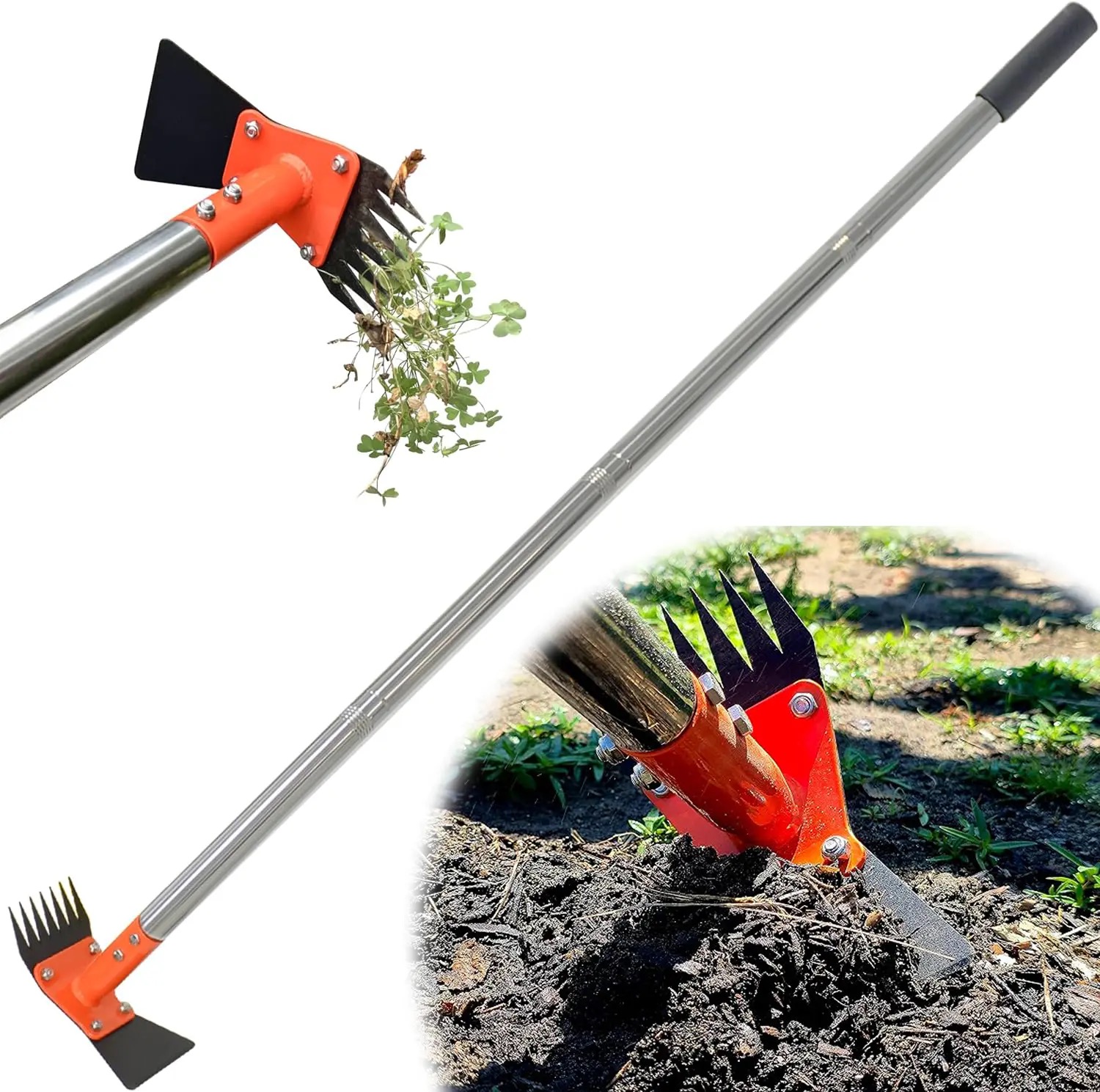 2-in-1 Garden Hoe and Weed Puller Rake Adjustable Long Handle Weeding